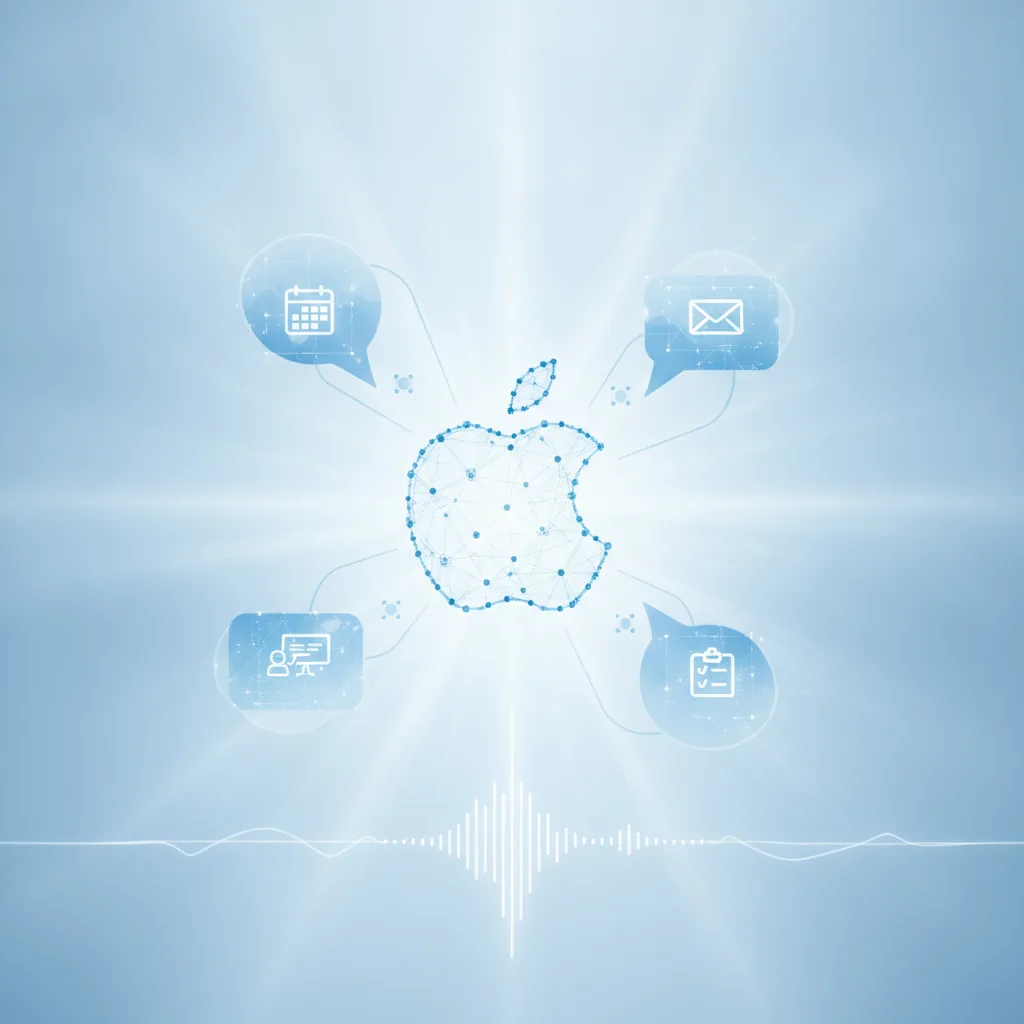 Eine Person sitzt an einem Schreibtisch mit einem MacBook und iPhone, auf dem iPhone ist das Siri-Symbol sichtbar, das eine intelligente Interaktion andeutet. Fokus auf Produktivität im Büroalltag.