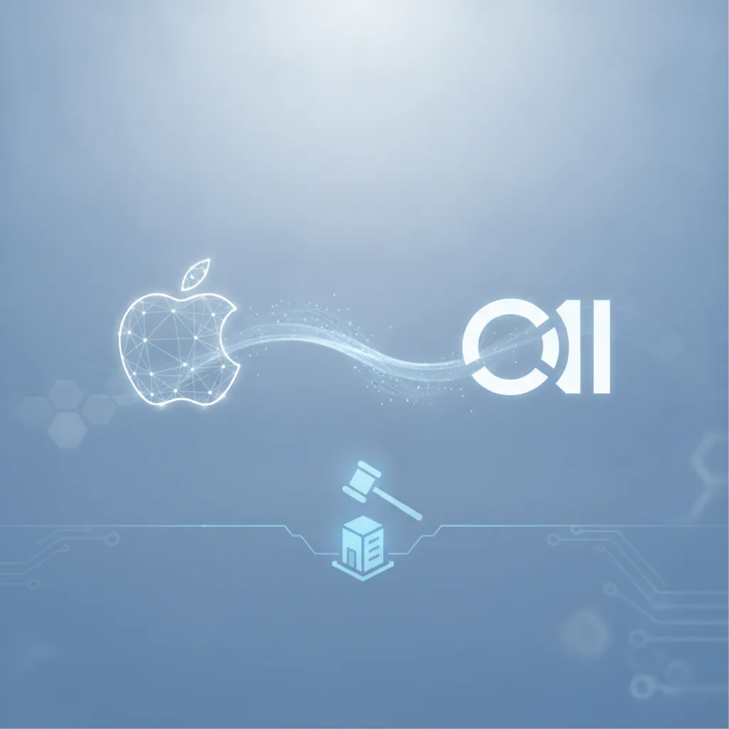 Zwei stilisierte Logos von Apple und OpenAI, die sich auf einem Richtertisch gegenüberstehen, mit einer Waage im Hintergrund, die Vertrauen und Innovation symbolisiert.