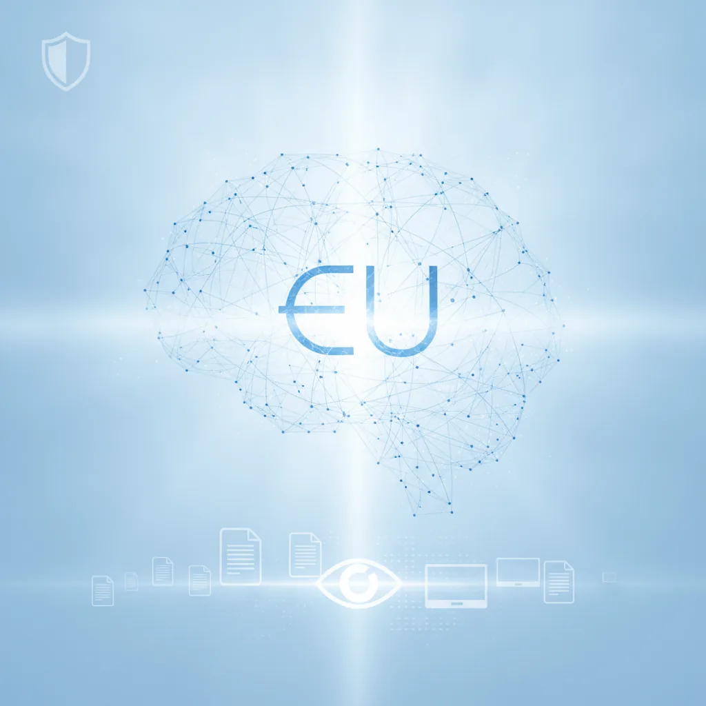 Eine Person am Schreibtisch, die auf einen Bildschirm blickt, auf dem Text mit einem kleinen KI-Symbol zu sehen ist, um KI-generierte Inhalte zu kennzeichnen und so Transparenz zu schaffen.