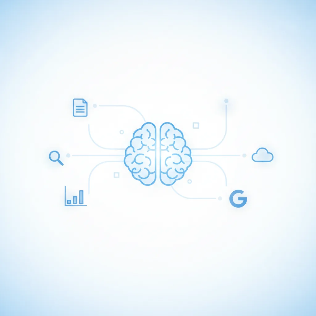 Eine Person sitzt an einem Schreibtisch, vor einem Laptop, auf dem eine Google-Suchseite mit KI-Antworten zu sehen ist. Symbole für Künstliche Intelligenz schweben im Hintergrund.