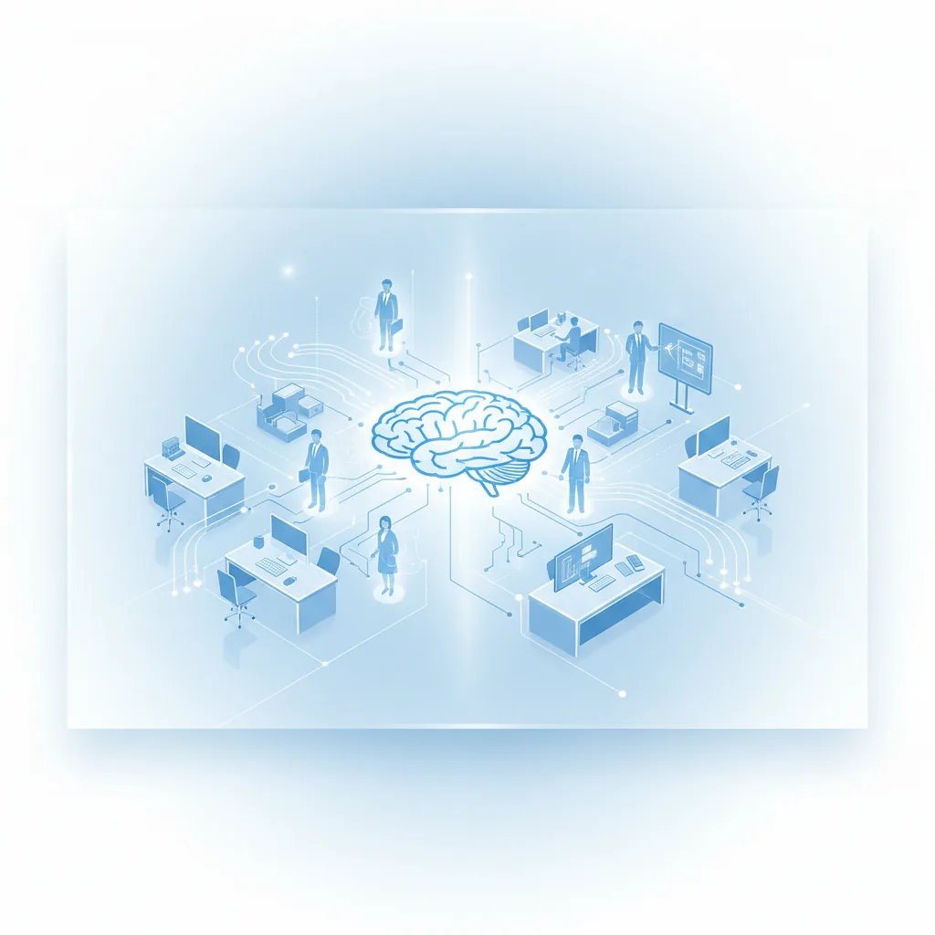 Eine Person sitzt lächelnd vor einem Computerbildschirm, auf dem abstrakte, vernetzte KI-Symbole zu sehen sind, die Personalisierung und Automatisierung im Büroalltag symbolisieren.