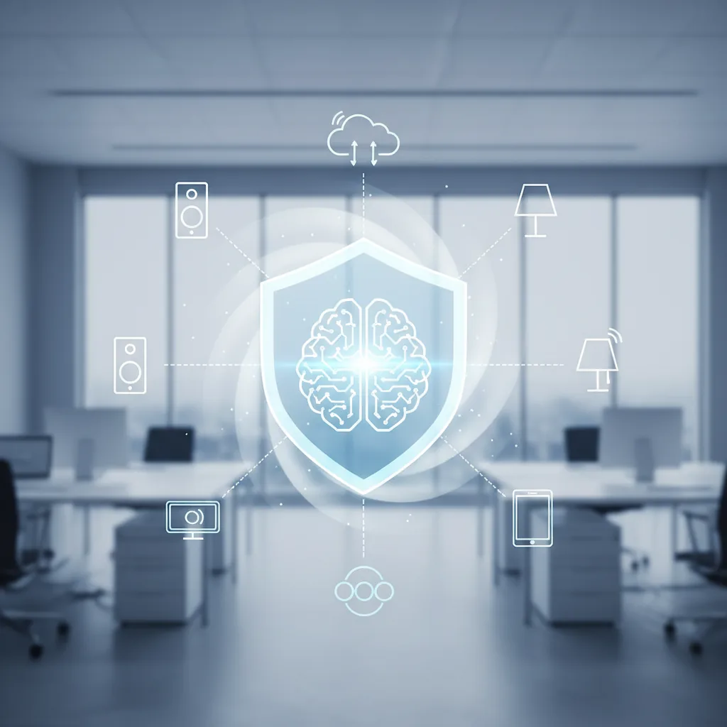 Eine Büroangestellte, die an einem Laptop arbeitet, während im Hintergrund schemenhaft ein digitales Schutzschild oder ein Schloss-Symbol angedeutet ist, um Datenschutz und Sicherheit im Zusammenhang mit KI zu symbolisieren.