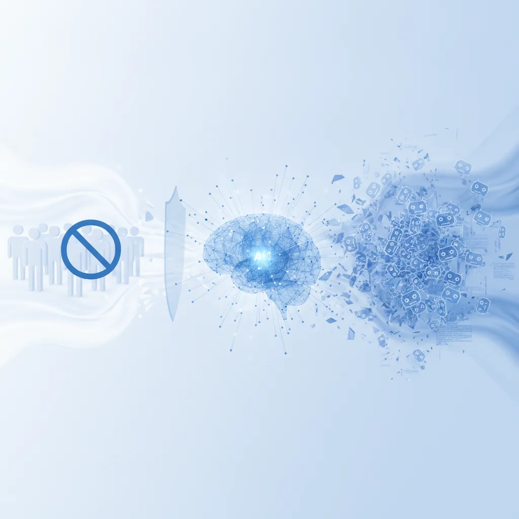 Ein Mensch blickt misstrauisch auf einen Bildschirm, der KI-generierte Inhalte anzeigt, während ein Roboter daneben steht. Symbolisiert das Spannungsfeld zwischen KI-Kommunikation und Kundenvertrauen.