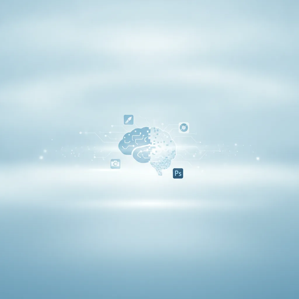 Ein Büroarbeiter lächelt, während er auf einem Tablet mit KI-gestützter Bildbearbeitung einen Hintergrund entfernt, umgeben von kreativen Icons.