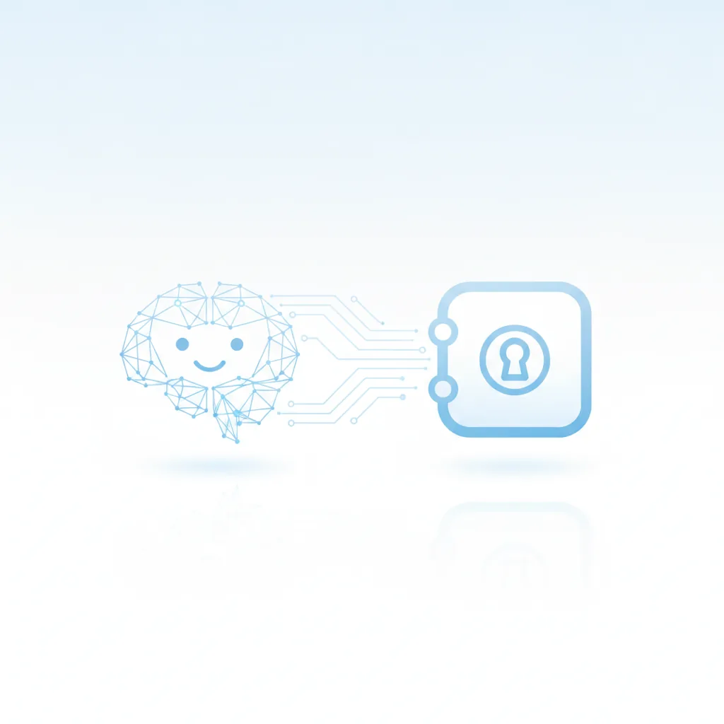 Ein stilisiertes Schloss-Symbol, umgeben von digitalen Elementen und einem KI-Logo, das Sicherheit und Passwörter im Kontext von Künstlicher Intelligenz symbolisiert.
