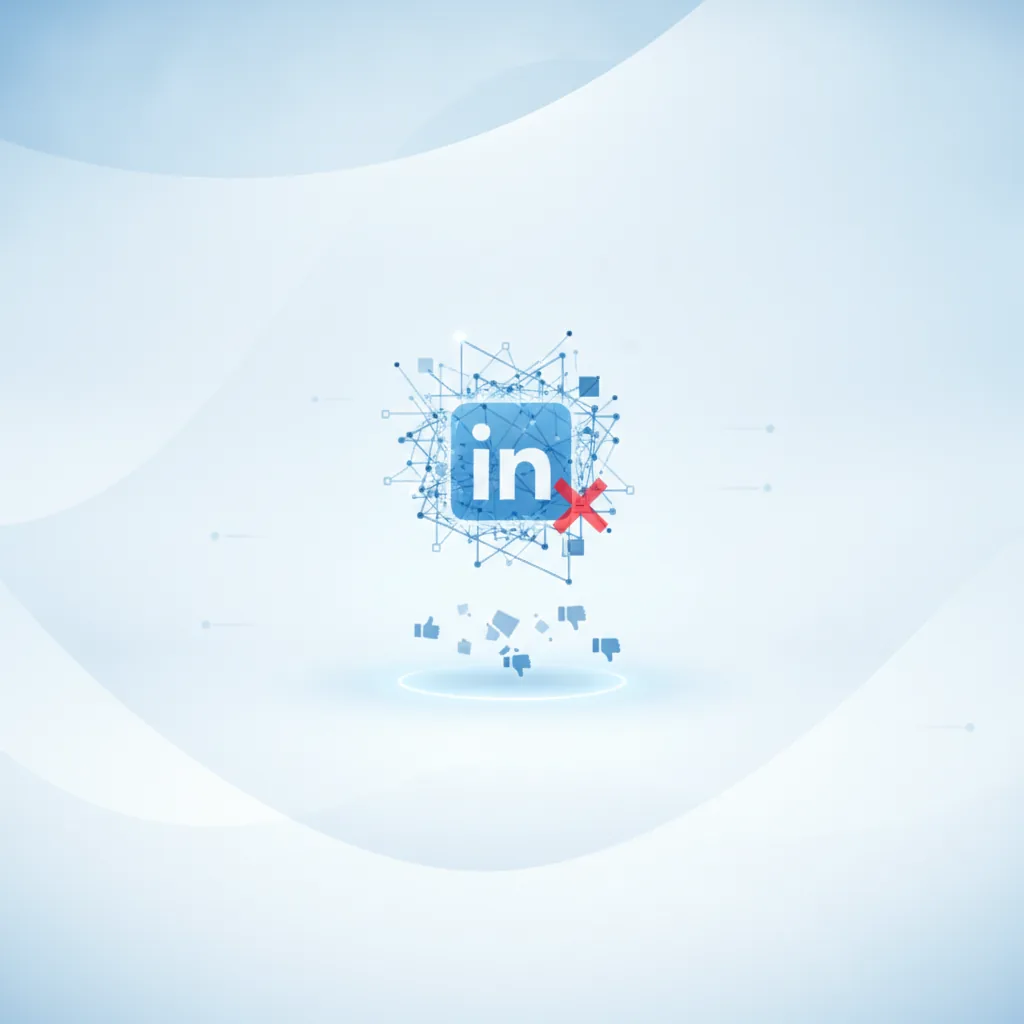 Eine Hand hält ein Smartphone mit dem LinkedIn-Logo und einer Benutzeroberfläche, die einen "AI Slop melden"-Button zeigt, um die Qualität von KI-Inhalten auf LinkedIn zu symbolisieren.