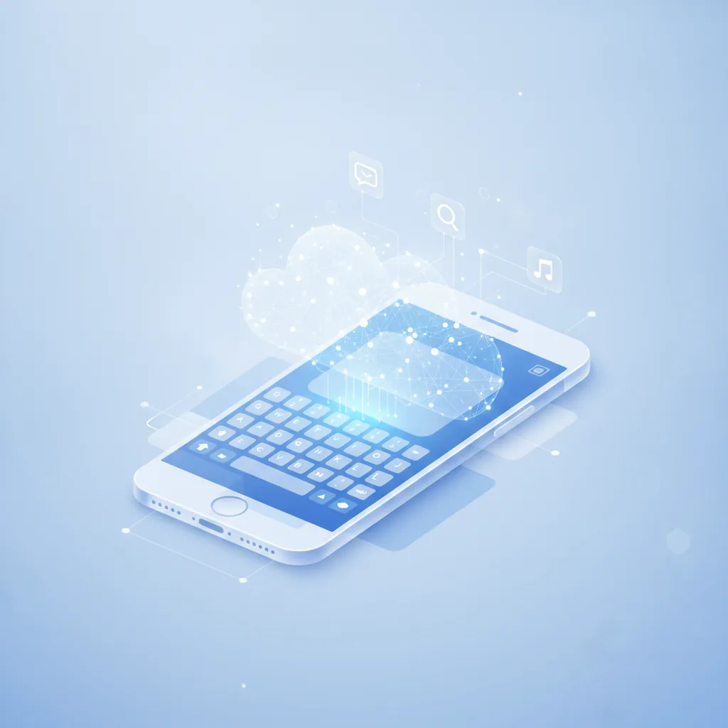 Eine Hand tippt auf einem Smartphone, dessen Bildschirm eine Tastatur mit einem dezenten KI-Symbol zeigt, umgeben von Icons typischer Büro-Apps wie E-Mail, Chat und Notizen. Die Szene ist hell und modern, symbolisiert einfache Integration von Technologie.