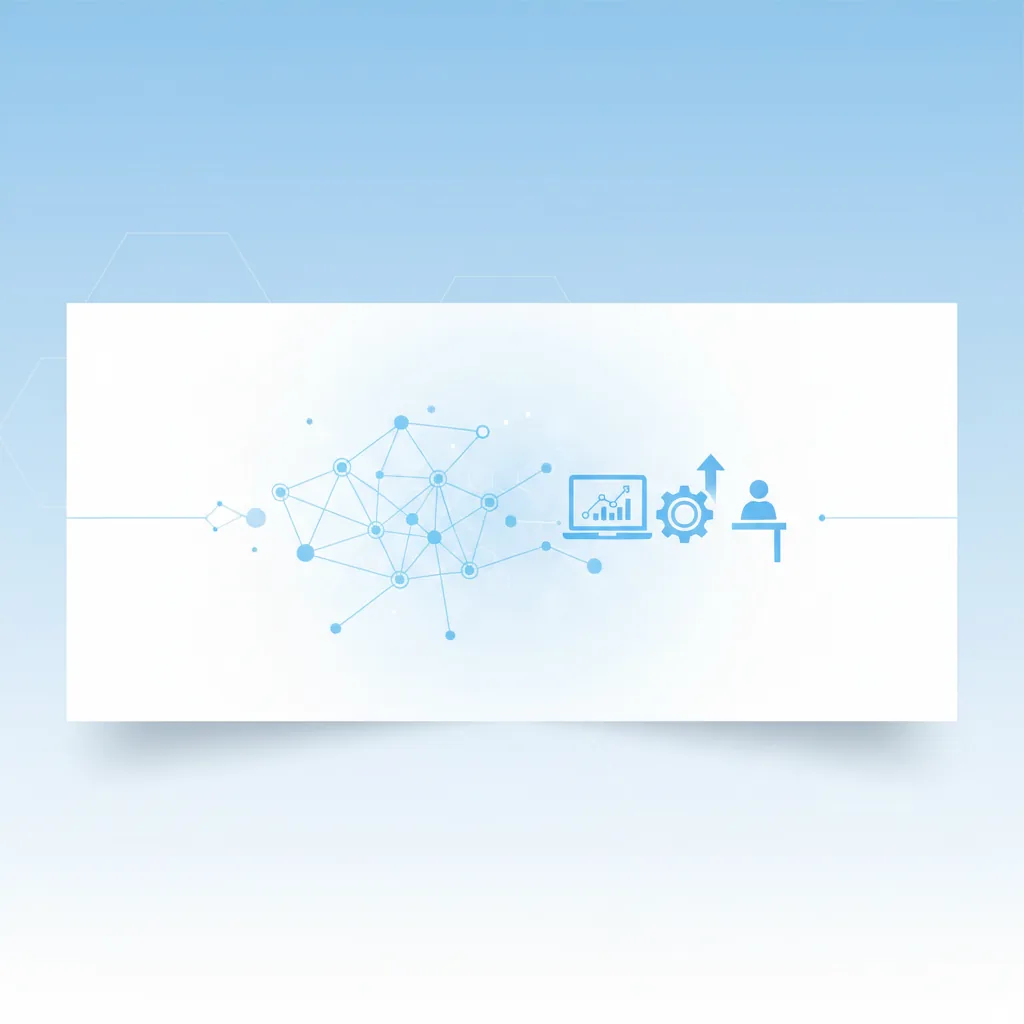 Eine Person arbeitet an einem Computer, während im Hintergrund abstrakte KI-Elemente und Zahnräder den Wandel im Büroalltag symbolisieren.