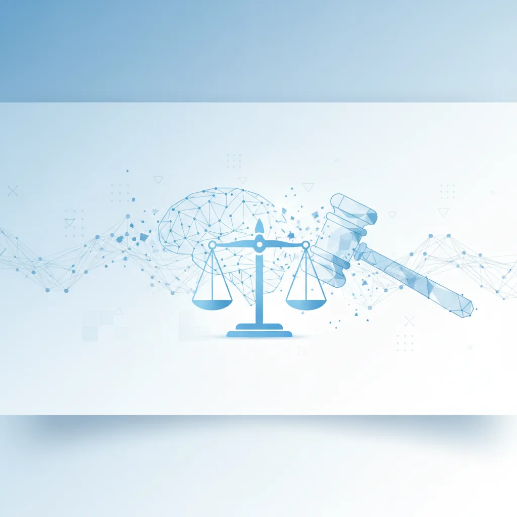 Ein Büroarbeiter sitzt vor einem Laptop, während im Hintergrund ein abstraktes KI-Netzwerk mit einem stilisierten Copyright-Symbol verschmilzt, das Recht und Technologie symbolisiert.