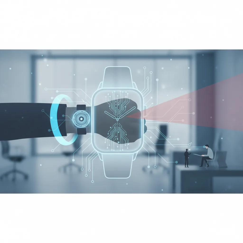 Eine Büroangestellte trägt unauffällige Smart Glasses und ein kleines Ansteck-Gadget, während sie an einem Laptop arbeitet, mit Icons, die Datenfluss und Datenschutz symbolisieren.